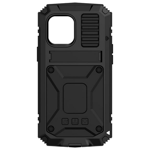 Funda metálica resistente para iPhone 12 Pro, diseño ligero con protección 360° contra golpes, caídas y rayones, incluye soporte integrado y cuerda para colgar, disponible en varios colores.