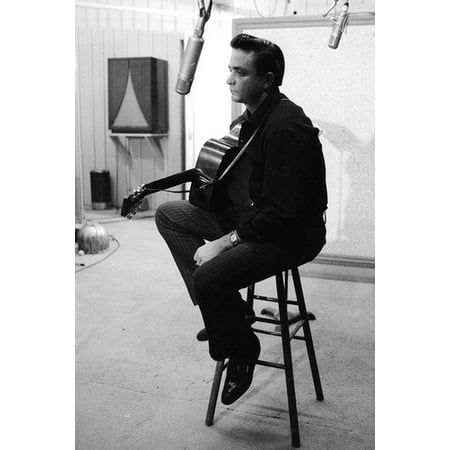 Johnny Cash 24x36 Poster iconic sitting on chair in recording studio with (Best Recording Studio Chair)