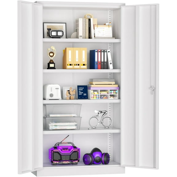 Superday Metal Storage Cabinets, 71" Steel Storage Cabinet with Lock, Tall White Cabinet with 2 Doors and 4 Adjustable Shelves for Garage, Home Office, Classroom, File, Easy Assemble