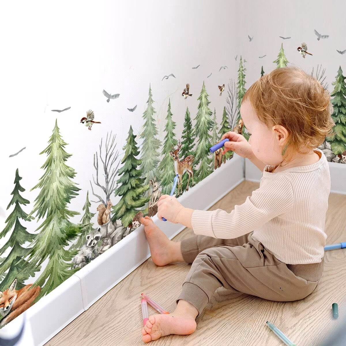 Watercolor Pine Tree Animals Wall Stickers Woodland Forest Tree Fox Deer Bear Wall Decals Peel and Stick Baby Nursery Bedroom Living Room Wall Decor