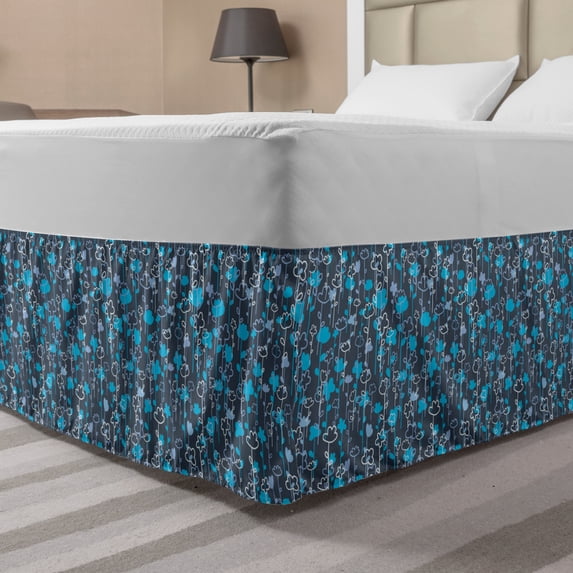 Doodle Bed Skirt, Flower Bouquets Meadow Essence Blossoming Rural Field Garden Yard, Elastic Bedskirt Dust Ruffle Wrap Around for Bedding Decor, 4 Sizes, Sea Blue and Purple Grey, by Ambesonne