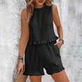 thumbnail image 2 of Feancey Linen Plus Size Sets for Women 2 Piece Vacation Outfits Summer Crop Tank Tops and Ruffle Shorts Lounge Set Solid Color Casual Travel Outfit Black 3XL, 2 of 10