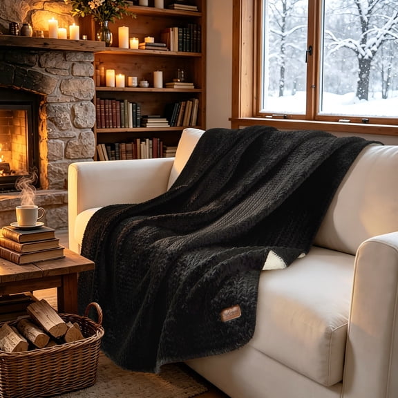 Dearfoams Reversible Embossed Fur Oversized Couch Throw Blanket, Black, 50 x 70 in