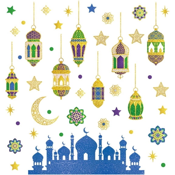 Jiibva Eid Mubarak Wall Stickers Star Moon Lantern Ramadan Decals Wall Decals Muslim Islamic Window Sticker Decorations DIY Wall Art Stickers for Home Bathroom