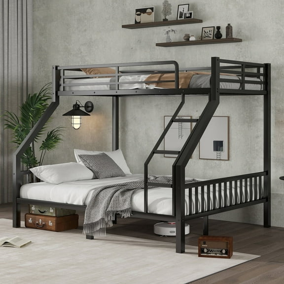 QJTC Heavy Duty Sturdy Metal Bunk Bed Twin XL Over Queen Size with Ladder & Guardrail, Metal Bed Frame for Teens