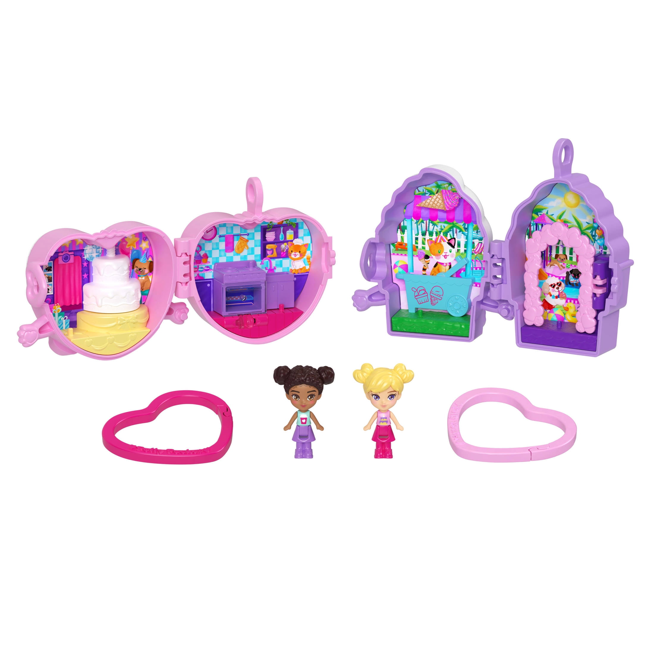 Polly Pocket Doll & Mini Compact Duo, Food-Themed Micro Playsets with 2 Dolls & 2 Keychain Clips