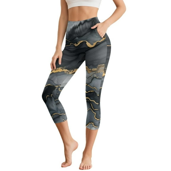 HELLHERO Marbled Printed Capri Leggings High Waisted Yoga Pants Athletic Workout Leggings Breathable Yoga Capris with Pockets, 2XL