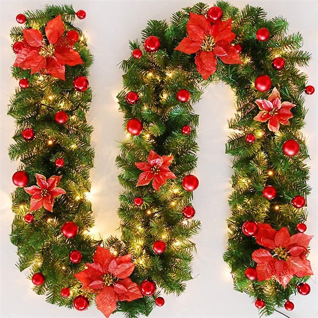 Guirnalda navideña, coronas decorativas navideñas de 270 cm con luces LED, guirnalda de árboles artificiales, decoraciones navideñas para interiores y exteriores, jardines (rojo)