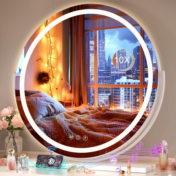 Hasipu Vanity Mirror with Lights and Bluetooth 28 LED Makeup Mirror Lighted Makeup Mirror with Lights Smart Touch Control 3 Colors Dimmable Round Mirror 360°Rotation White