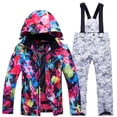 thumbnail image 1 of Xfvqtps Kids Ski Jacket and Pant Set Snowboarding Snowsuit Adjustable Drawstring Hooded Coat Colorful Print Adjustable Overalls Waterproof Windproof Winter Warm Ski Suits White, 1 of 4