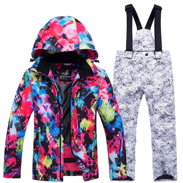 Xfvqtps Kids Ski Jacket and Pant Set Snowboarding Snowsuit Adjustable Drawstring Hooded Coat Colorful Print Adjustable Overalls Waterproof Windproof Winter Warm Ski Suits White