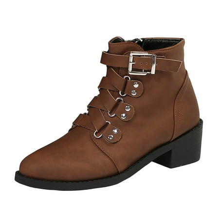 OJSFQUFP Womens Booties Ladies Fashion Retro Solid Leather Decoration Zipper Thick Heel Short Boots Fall Shoes Rain Boots Coffee 42