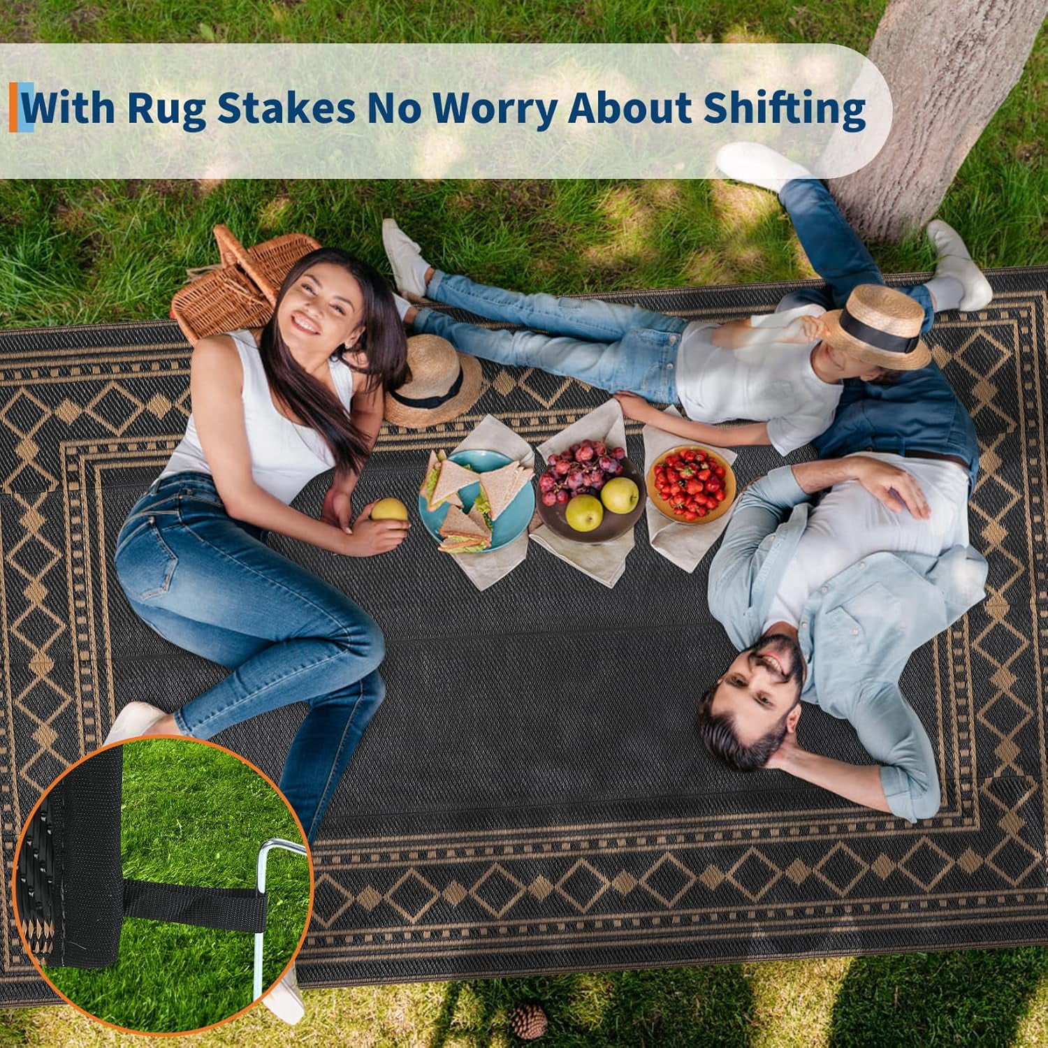 Funslane 9' x 18' Waterproof Outdoor Rug, Reversible Plastic Straw Patio Mat, Easy to Clean & Portable, for Deck, RV, Camping & Balcony, Black/Brown