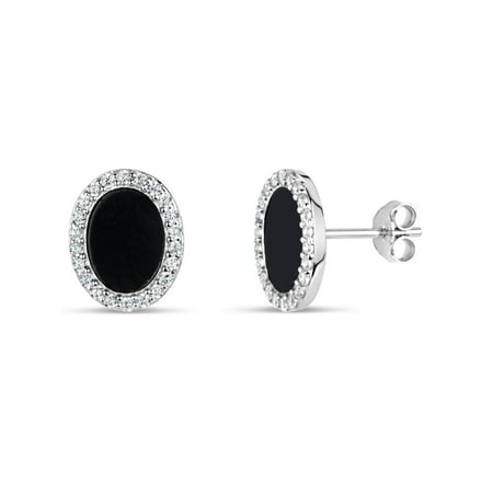 Black Onyx and White Cubic Zirconia Sterling Silver Rhodium Plated Oval Stud Earrings