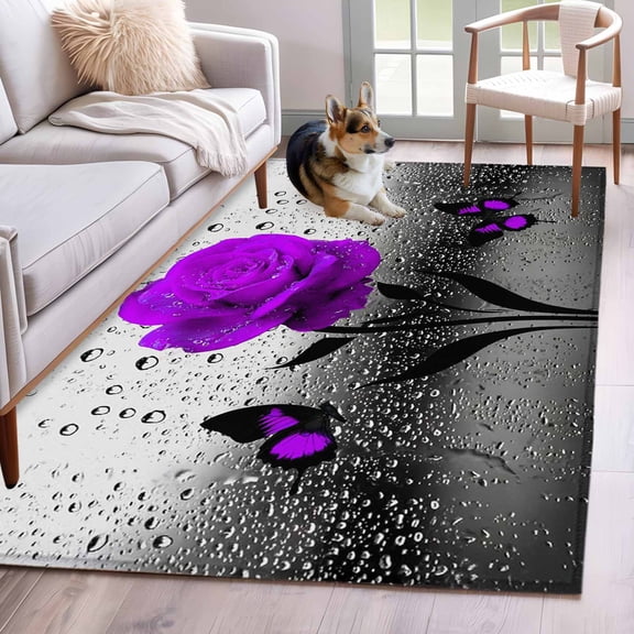 Area Rug for Living Room, Purple Rose Non-Slip Indoor Large Carpet for Bedroom/Dining Room, Raindrops Floral Butterfly Abstract Grey Art Washable Low-Profile Rectangle Floor Runner Rugs - 4 x 6 Ft
