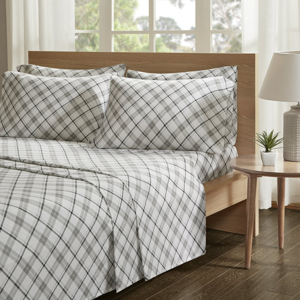 Comfort Spaces Plaid 100% Cotton Flannel Printed Sheet Set, Twin, Grey