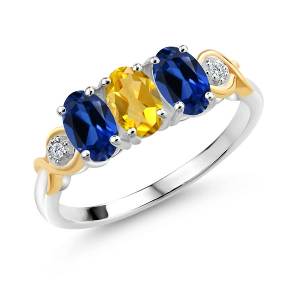 Gem Stone King 1.67 Ct Yellow Citrine Blue Created Sapphire 925 Silver and 10K Yellow Gold G-H Lab Grown Diamond Women Ring (Size 8)