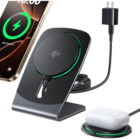 YJJSKEJI Magnetic Wireless Charger Stand, Qi2 Certified 15W Mag-Safe Wireless Charging Pad with Cooling Fan, Fast Charging Pad for iPhone 16 15 14 13 12 Series AirPods 4 3 2 Pro (with Adapter)