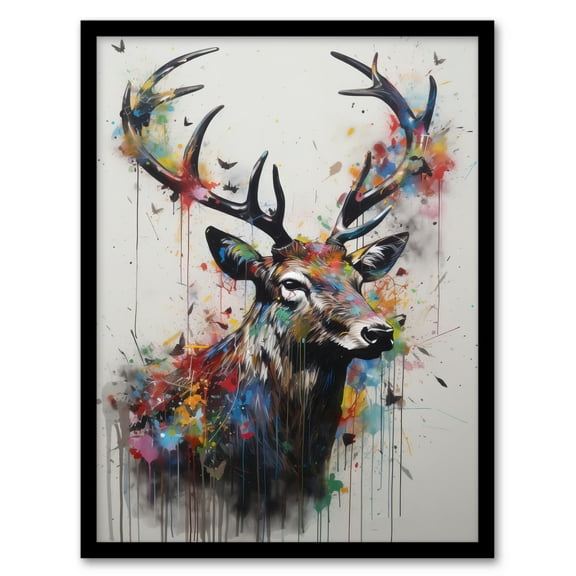 Modern Monarch Of The Glen Stag Painting With Butterflies Art Print Framed Poster Wall Decor 12x16 inch