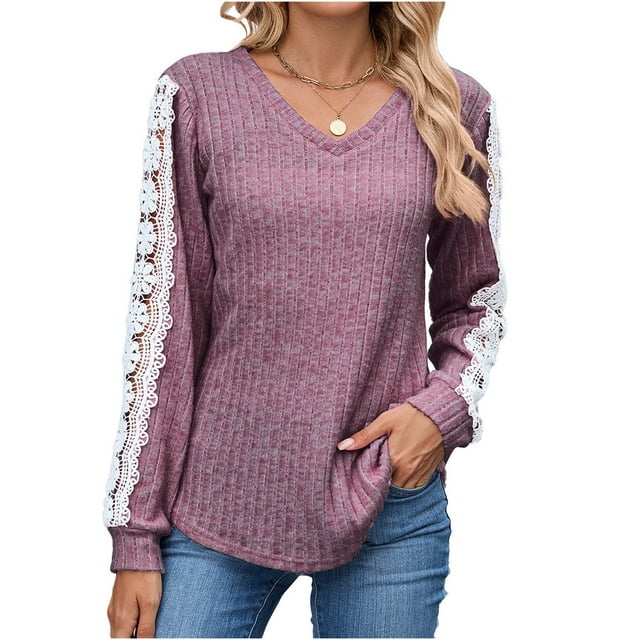 MHFRRA Blusa Informal de Manga Larga para Mujer con Encaje En contraste, Holgada, para Uso Diario, Primavera y Otoño. Púrpura