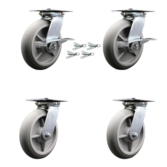 8 Inch Thermoplastic Caster Set with Roller Bearing 4 Swivel Lock and 2 Brake