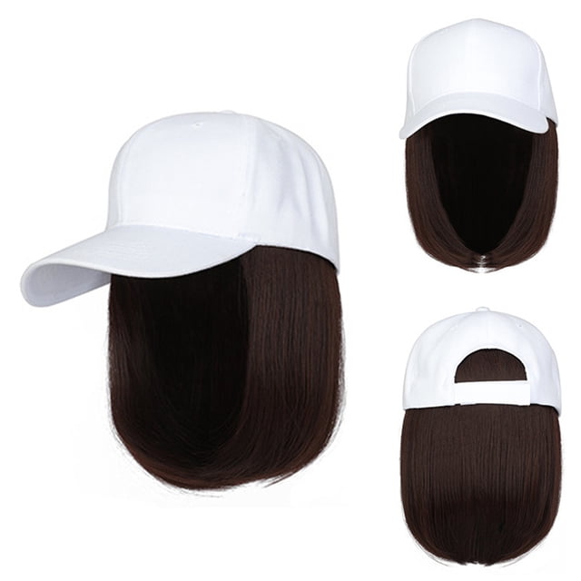 Baseball Cap With Hair Extensions Straight Short Bob Hairstyle Adjustable Removable Wig Hat 7.9inch For Woman Girl