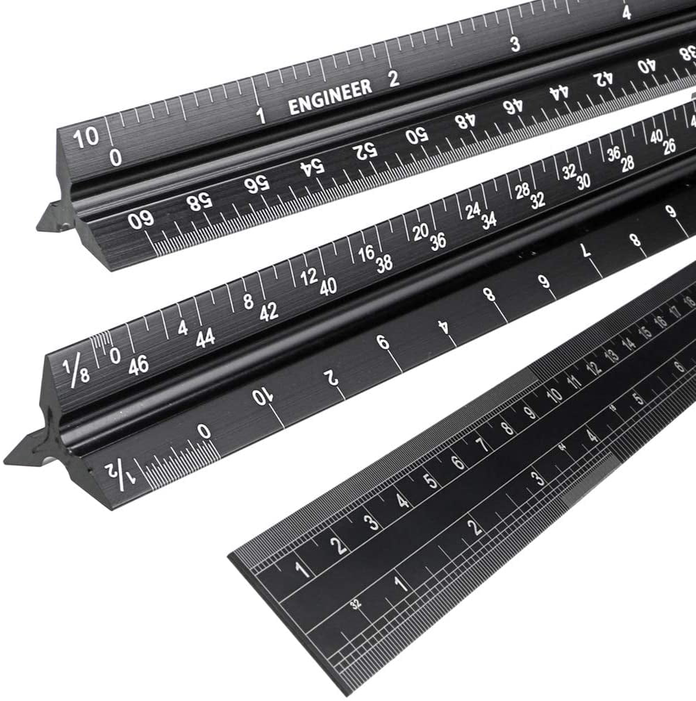 Imperial Scale and Engineer Scale Set Two Black Laser-Etched 12 Inch Hollow Aluminum Triangular Scale Rulers with Protective Sleeves Architect 