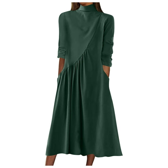 Oplxuo Women's Long Sleeve Turtleneck Casual Dresses Fall Winter Loose Pleated Solid Color Swing Midi Dress with Pockets