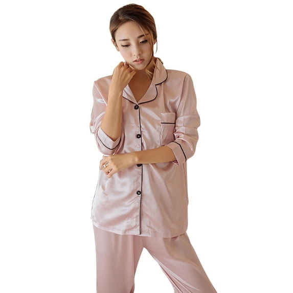 Women's Sexy Korean Style Striped Lapels Button Silk Satin Home Service Long Sleeve Solid Color Two-piece Pajamas Suit