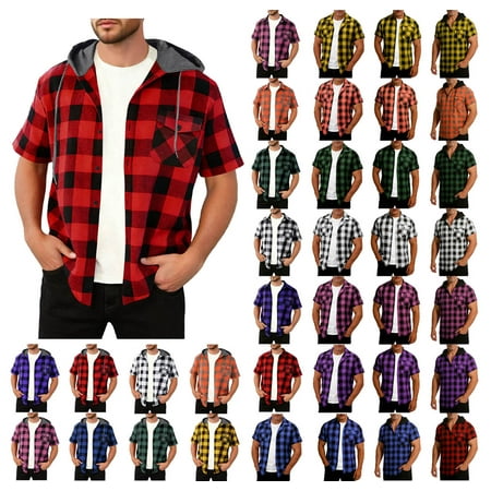 DJDLJWCJ Mens Flannel Shirt Tee Lightweight Casual Short Sleeve Shirts Hoodie Casual Outdoor Mens Shirt B Blue L