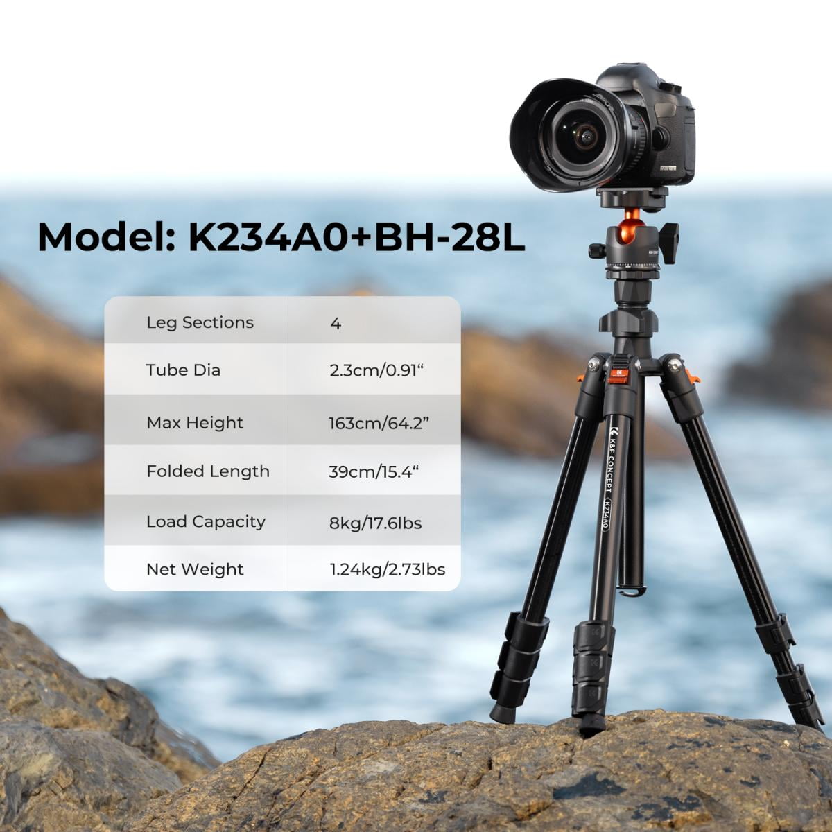 K&F Concept 64" Lightweight Aluminum Camera Tripod, 17.6lbs/8kg Load Compact Vlog Travel Tripod with 360 Degree Ball Head for DSLR Cameras