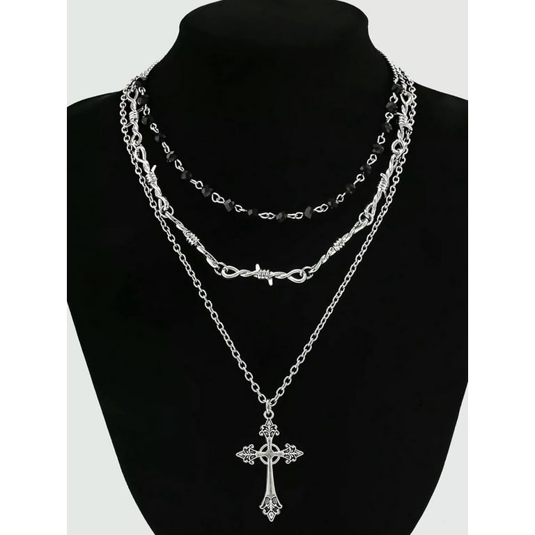 QQTDFG 3pcs Cross Decor Layered Necklace Grunge Necklace