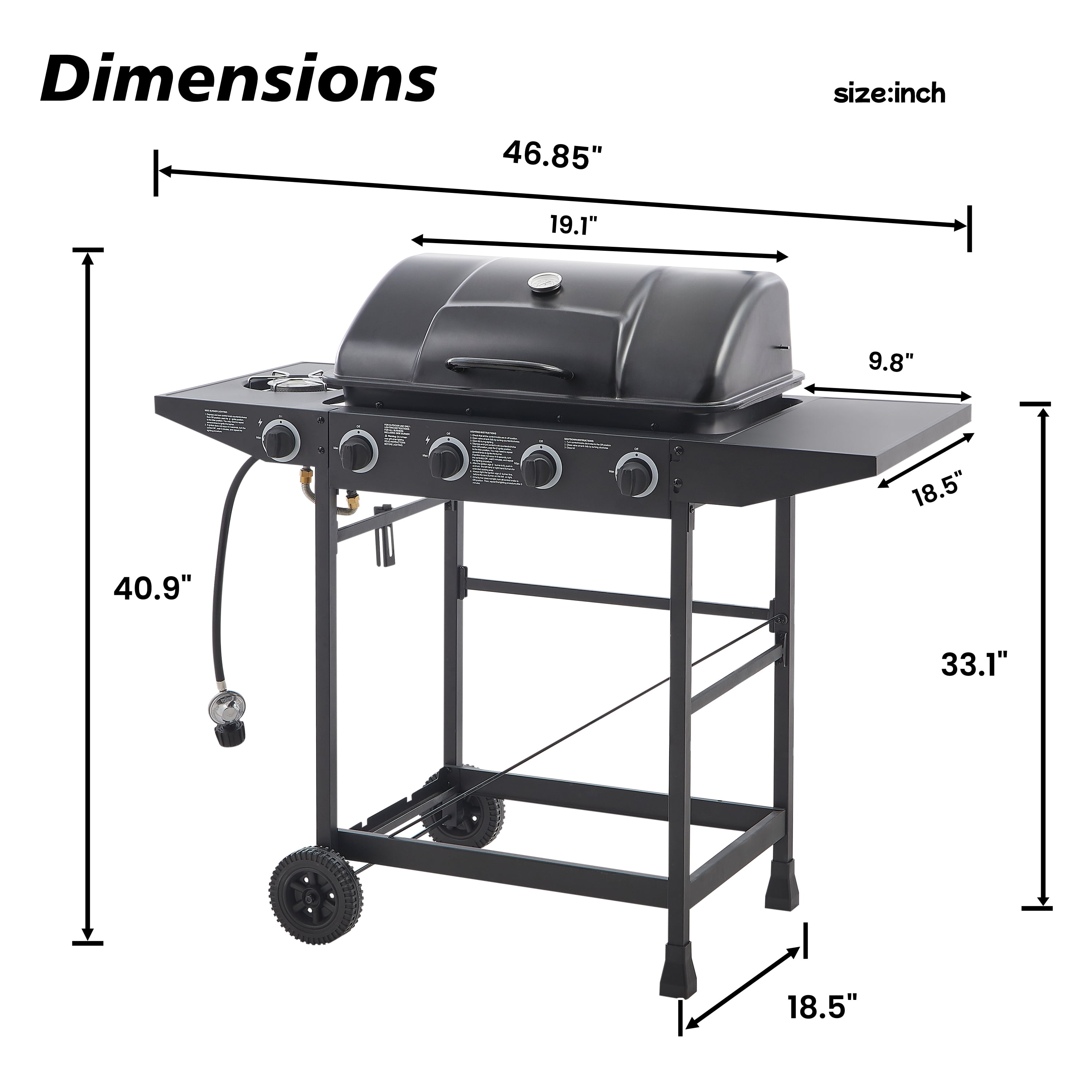 YIYADO 4 Burner BBQ Propane Gas Grill, Stainless Steel Grill with Enamel Coated Grate and Side Table, 42000 BTU, Black
