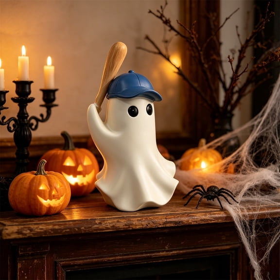 Baseball Ghost Resin Statue with Cute Ghost Figurine Holding Baseball, Desktop Table Ornament for Halloween Home Decor
