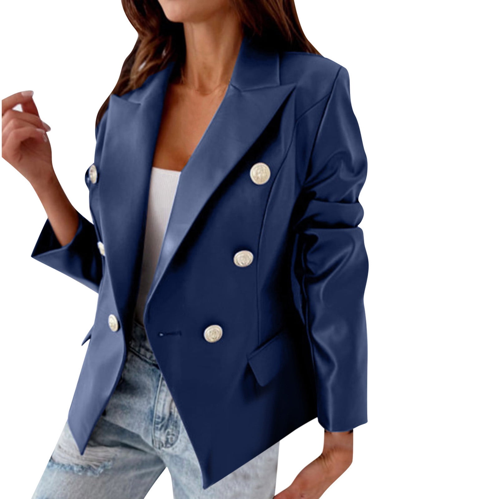 Brnmxoke Double Breasted Buttons Faux Leather Blazer Women Long Sleeve Coat Notch Collar Leather Jacket Women