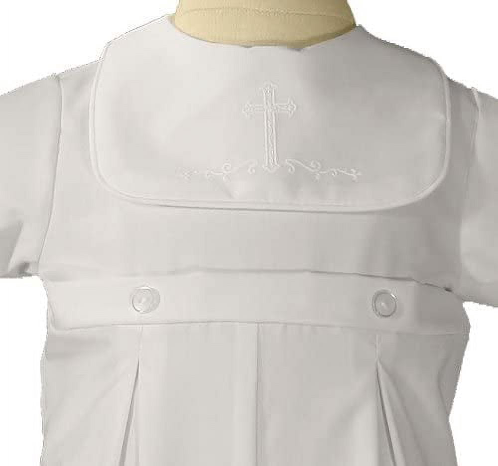 Little Things Mean A Lot Boys Poly Cotton Romper with Screened Cross on Attached Bib