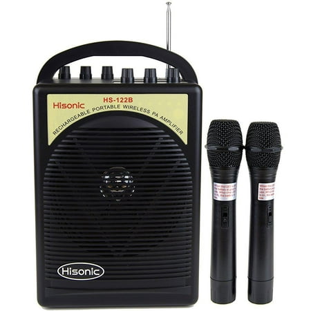 hs122b-hh portable lithium battery rechargeable pa (public address) system with dual channel & 2 wireless microphone system (2 handhelds,