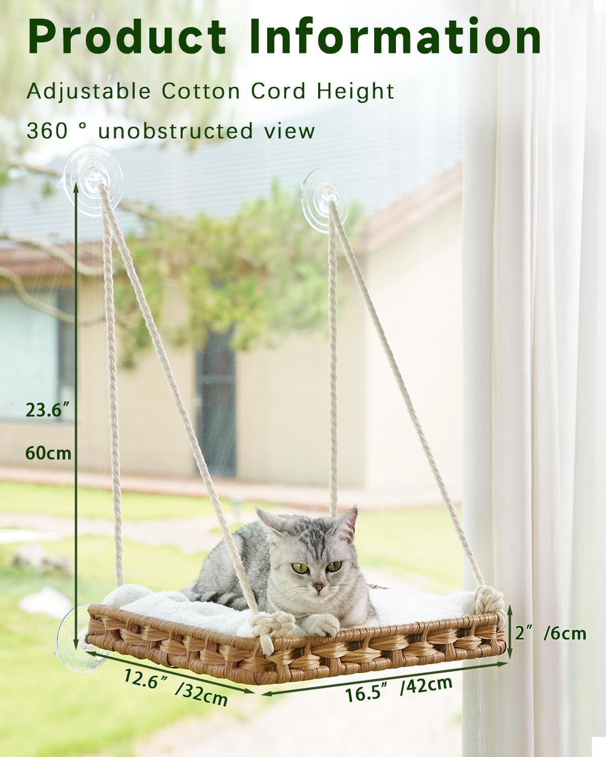 Cat Window Perch 2 Pack,Cat Window Hammock Bed for Indoor Cats,Large Handwoven PE Rattan Window Seat,4 Suction Cups,Double Sided Washable Cushion Bed, Pet Kittens Natural