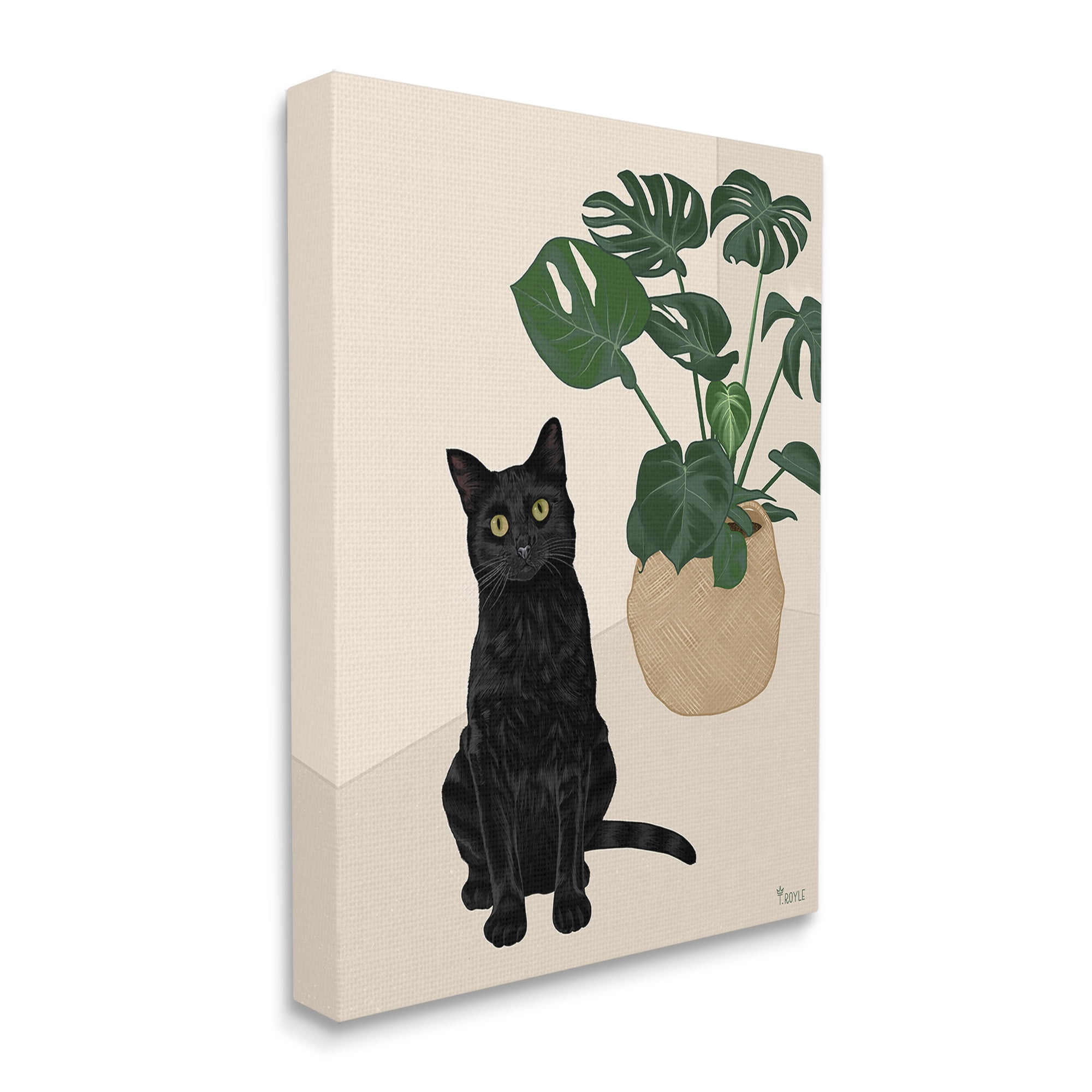 Stupell Industries Black Cat & Monstera Plant Animals & Insects Painting Gallery Wrapped Canvas Art Print Wall Art, 30 x 40