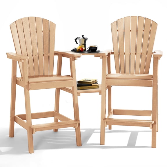 PASAMIC Tall Adirondack Chair Set of 2, All-Weather HDPE Outdoor Chairs with Removable Double Trays, Bar Height Adirondack Chairs for Balcony, Deck, Patio, Backyard, Wood