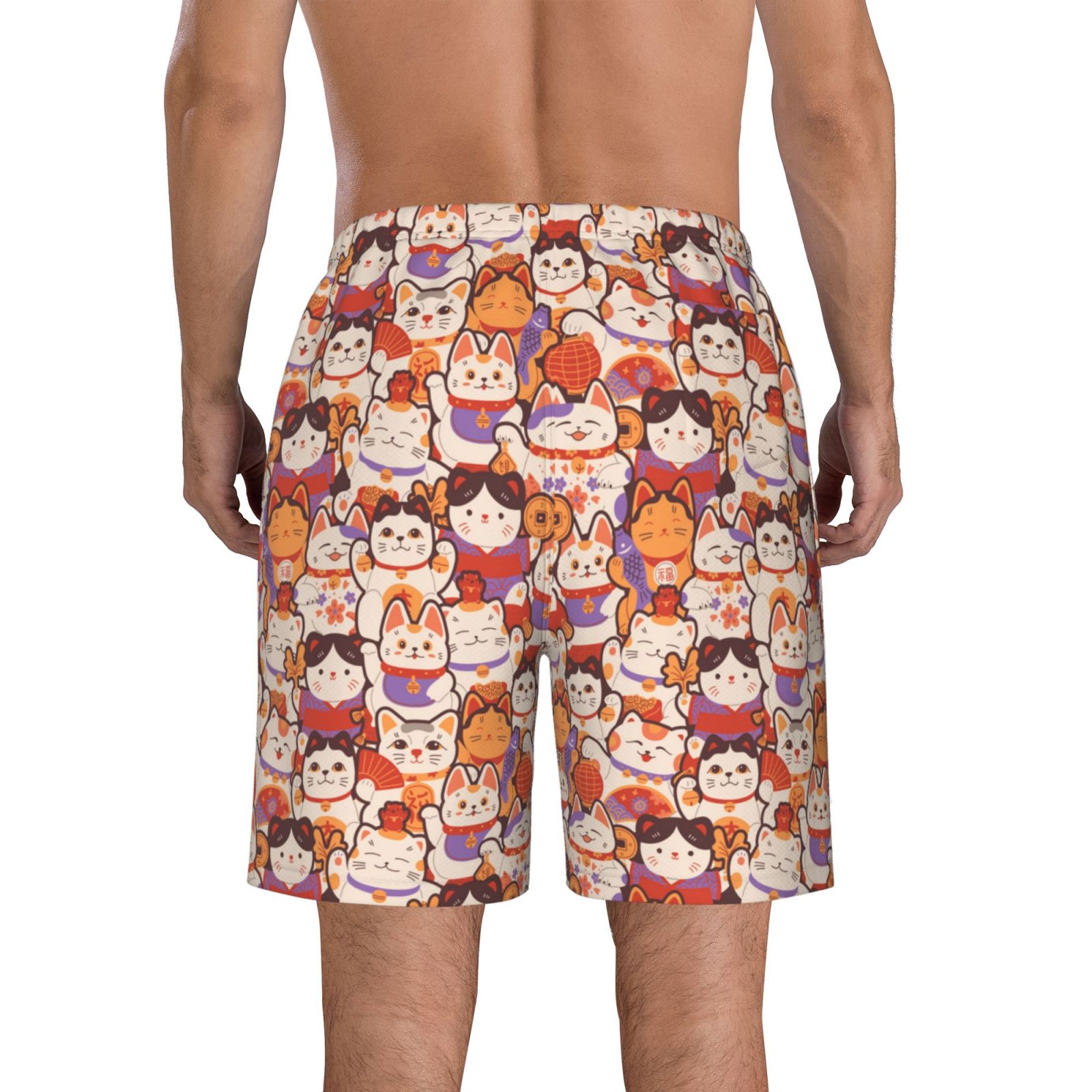 Naloa Maneki-Neko Cats Men's Beach Shorts, Surfing shorts, Swim trunks, Quick Dry Swim Trunks for Surfing Beach Fun - Large