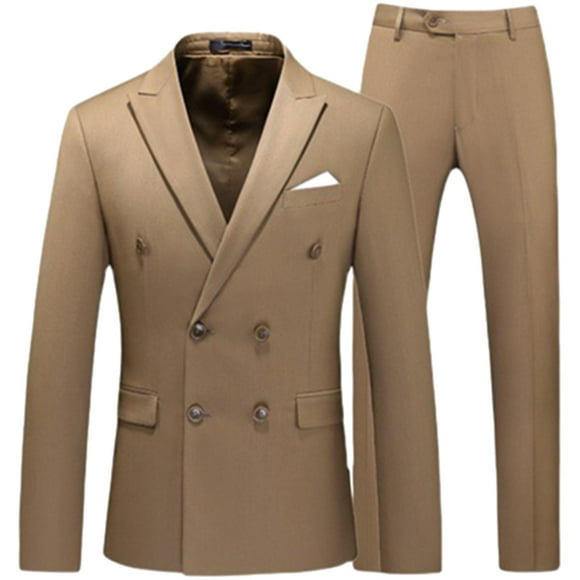 Fengqque Men's 2 Piece Double Breasted Suits Slim Fit Tuxedo Jacket and Dress Pants Set for Wedding Business Prom Khaki 4(XL)
