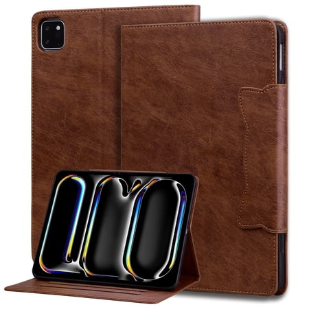 ELEHOLD for iPad Pro 13-inch (M5) 2025 Case ,Premium PU Leather Card Slot Folio Stand Auto Wake/Sleep Magnetic Smart Shockproof Protective Cover,Brown