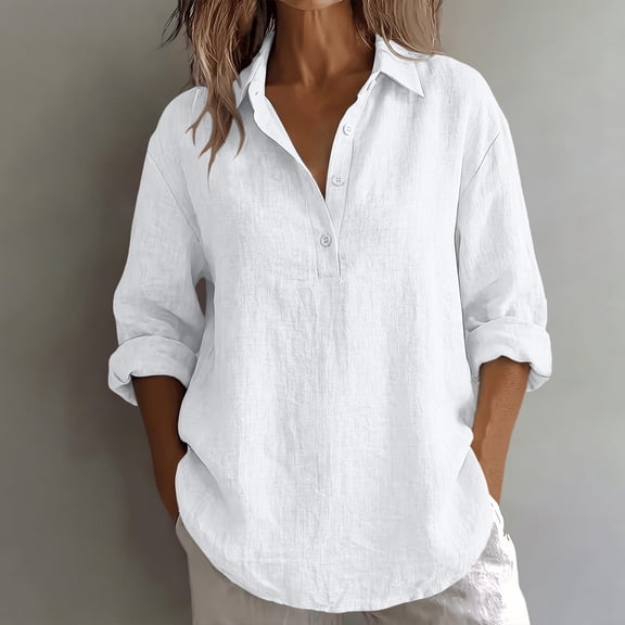 Chbgutlmr Cotton Linen Tops for Women Long Sleeve Curved Hem Half Button Lapel Shirts Casual Loose Lightweight Plain Tops