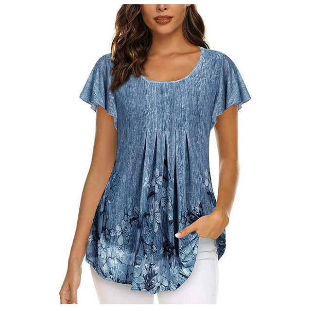 Drppepioner Mode Femme Manches Courtes Col Rond Rétro Imprimé Ample Hauts Blouse Femme Grande Taille