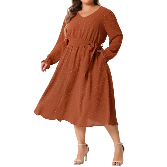 DARING DIVA Plus Size Swiss Dot V Neck Long Sleeve Midi Dress 1X Orange