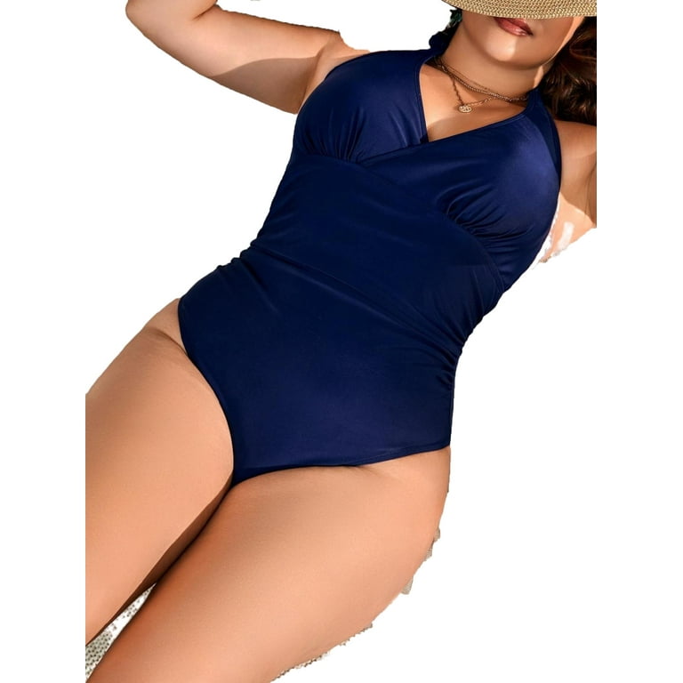 Plain Halter Navy Blue Plus Size Swimsuit Women s Plus
