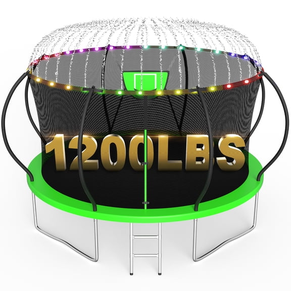 XMIKA Trampoline, 1200LBS 12FT Trampoline for 1-2 Adults/ 4-5 Kids, Trampoline with Enclosure Net, Basketball Hoop, Ladder, Light, Sprinkler, Backyard Outdoor Heavy Duty Trampoline, No Gap Design