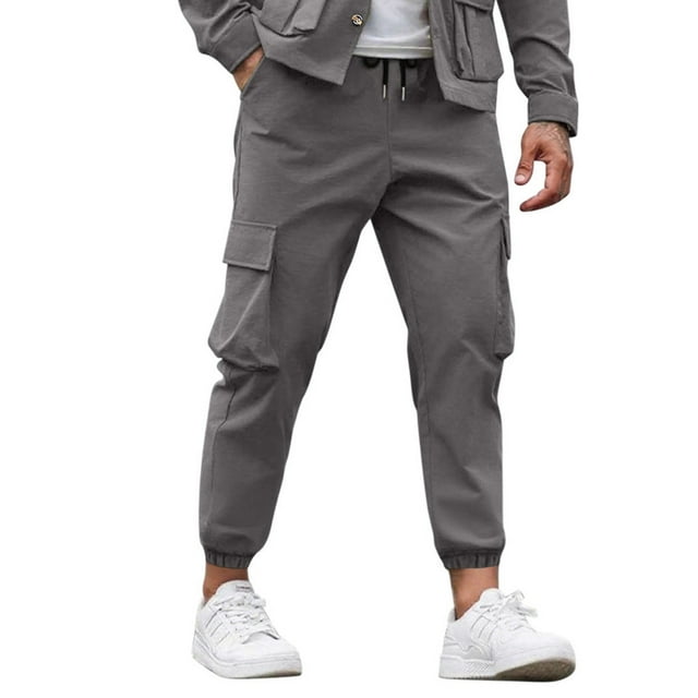 Kalauyu Cargo Joggers for Men Relaxed Fit Drawstring Elastic Waist Cargo Pants Outdoor Tapered Hiking Pants