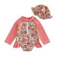 thumbnail image 1 of Infant Baby Girl Swimsuit Long Sleeve Rash Guard One Piece Swimwear with Hat Ruffle Bathing Suit with Zipper, 1 of 4
